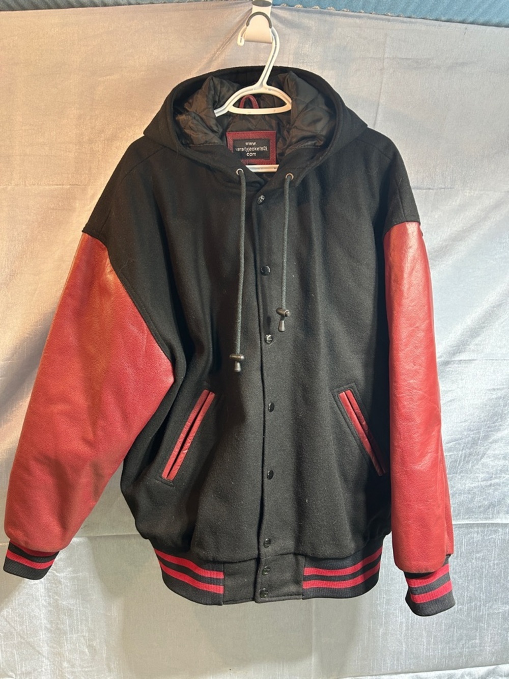 Men's Black 80% wool and burgundy leather with Hooded Varsity Jacket 2XL